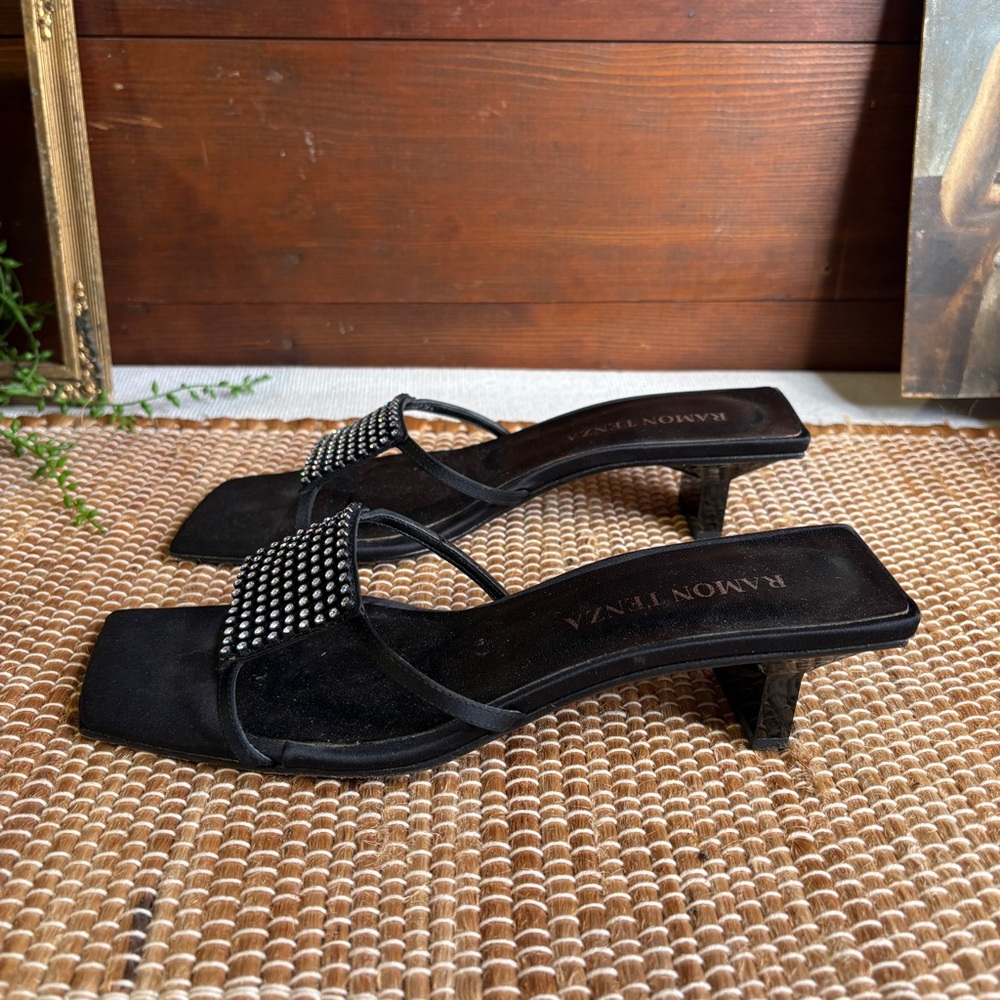 Vintage Ramon Tenza Black Square Toe Satin & Leather Rhinestone Slides Size 7.5B - Picture 5 of 11